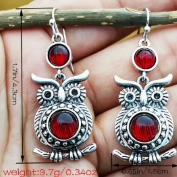 Owl-Shaped Zinc Alloy Earrings with Synthetic Gems and Mosaic Accents - Bohemian - Picture 2 of 3